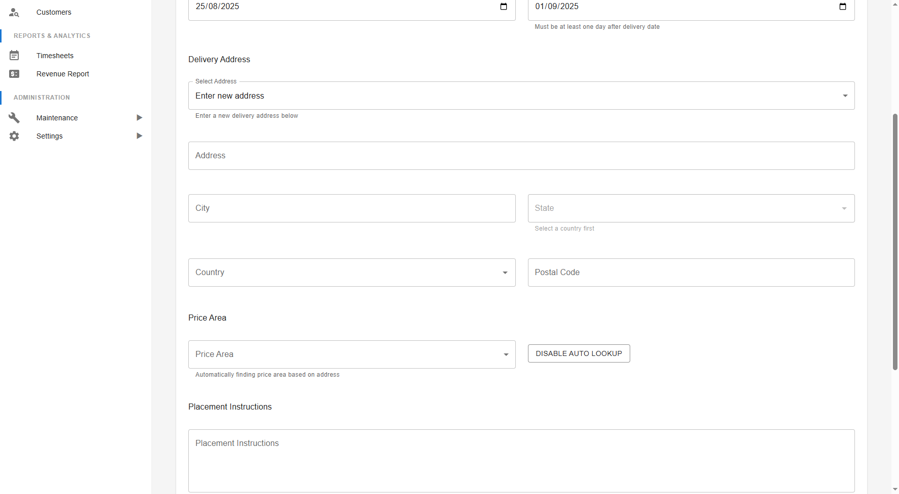 Delivery Details Lower Section