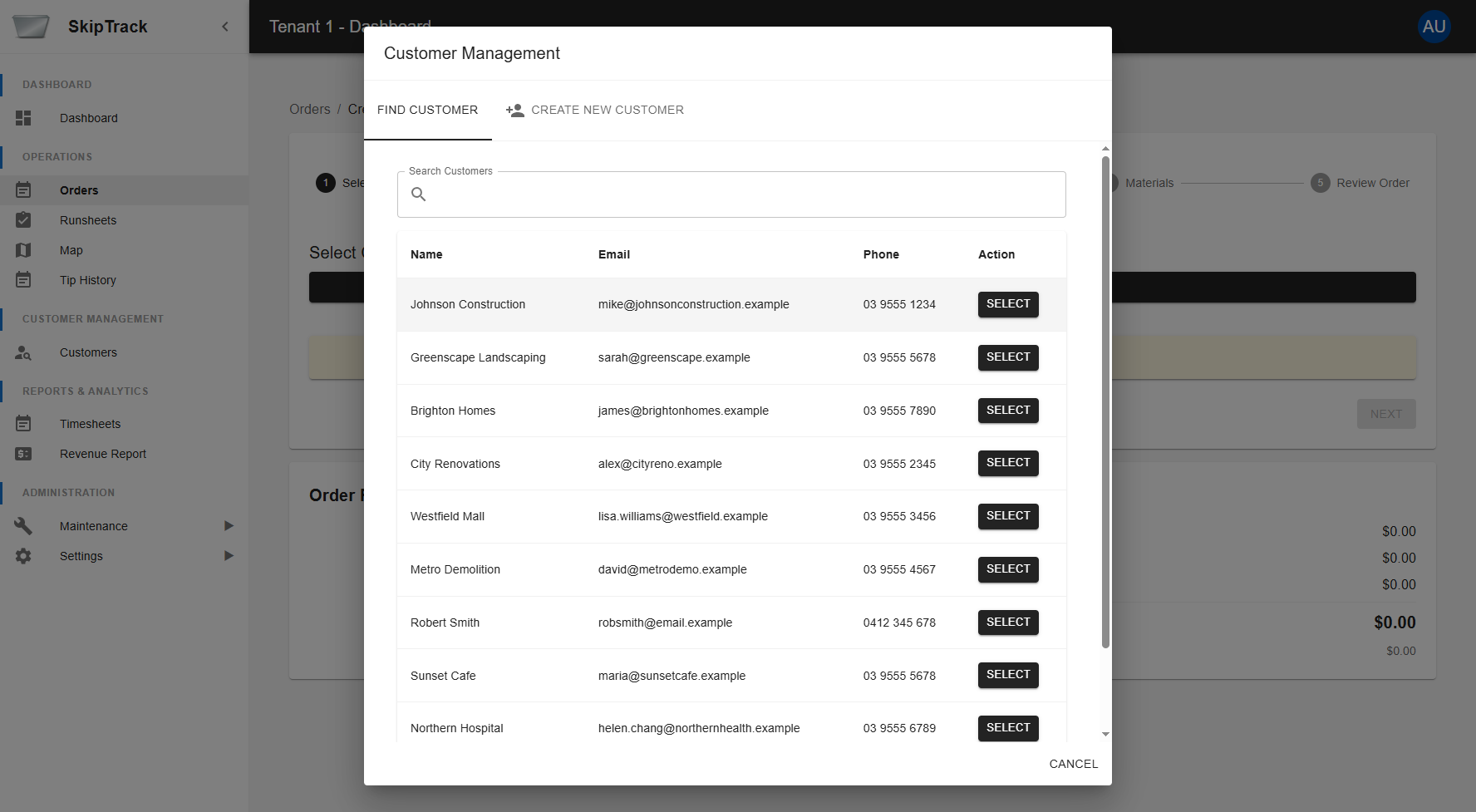 Customer Selection Dialog